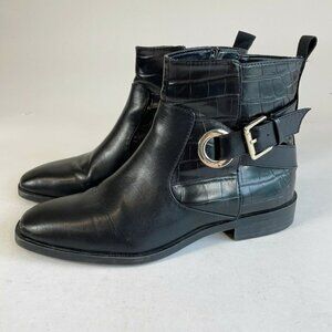 Zara Womens Flat Ankle Buckle Boots Black Sz 38 Croc Leather Square Toe Moto